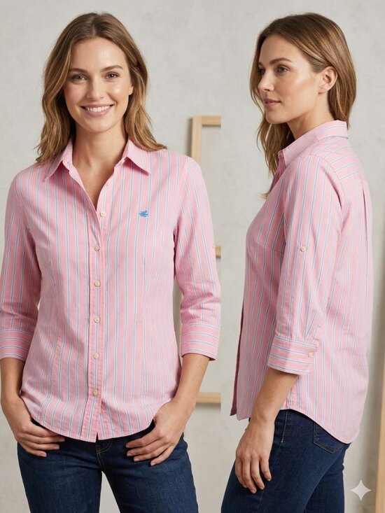 Tops - Giordano Pink & Blue Striped Button Down Shirt Women's - Size Large Fits Medium